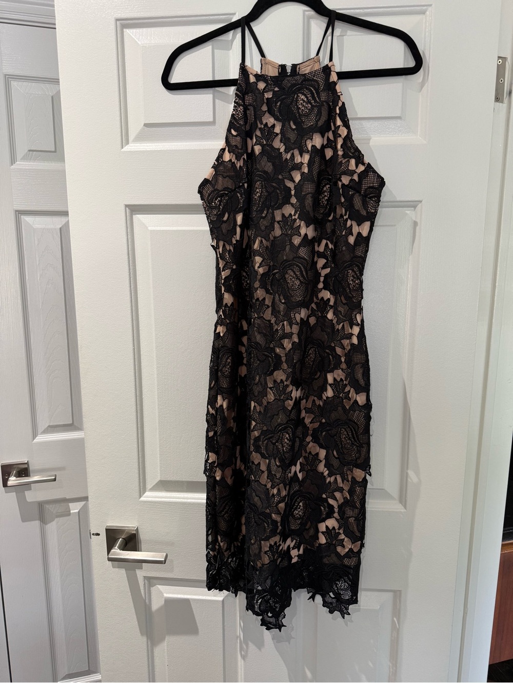 Black Lace Overlay Halter Dress with Nude Lining